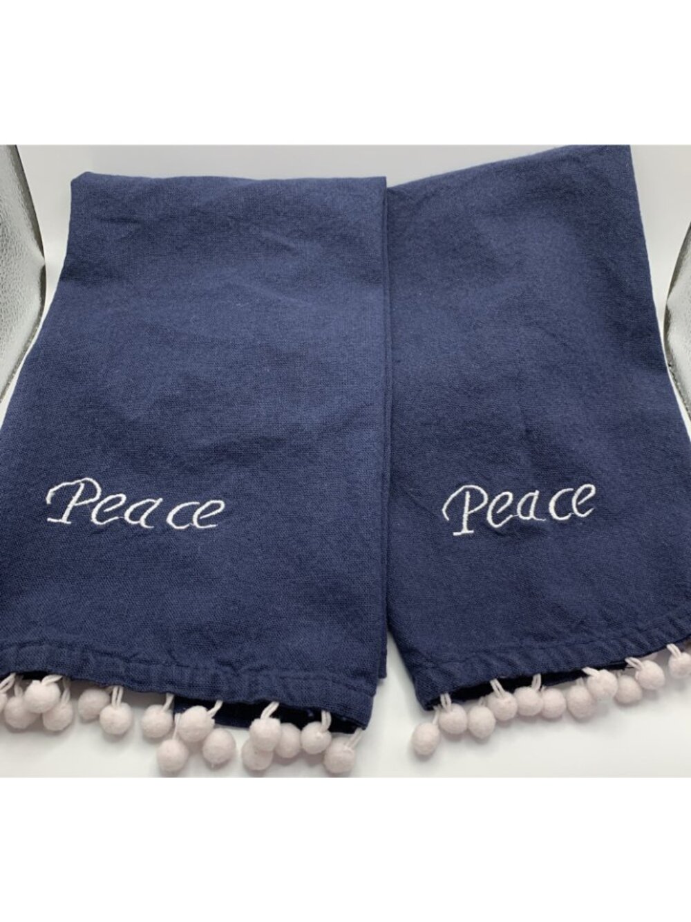Set (2) Navy Blue “Peace” Embroidered Hand Towels Holidays Boho Pom Pom Fringe